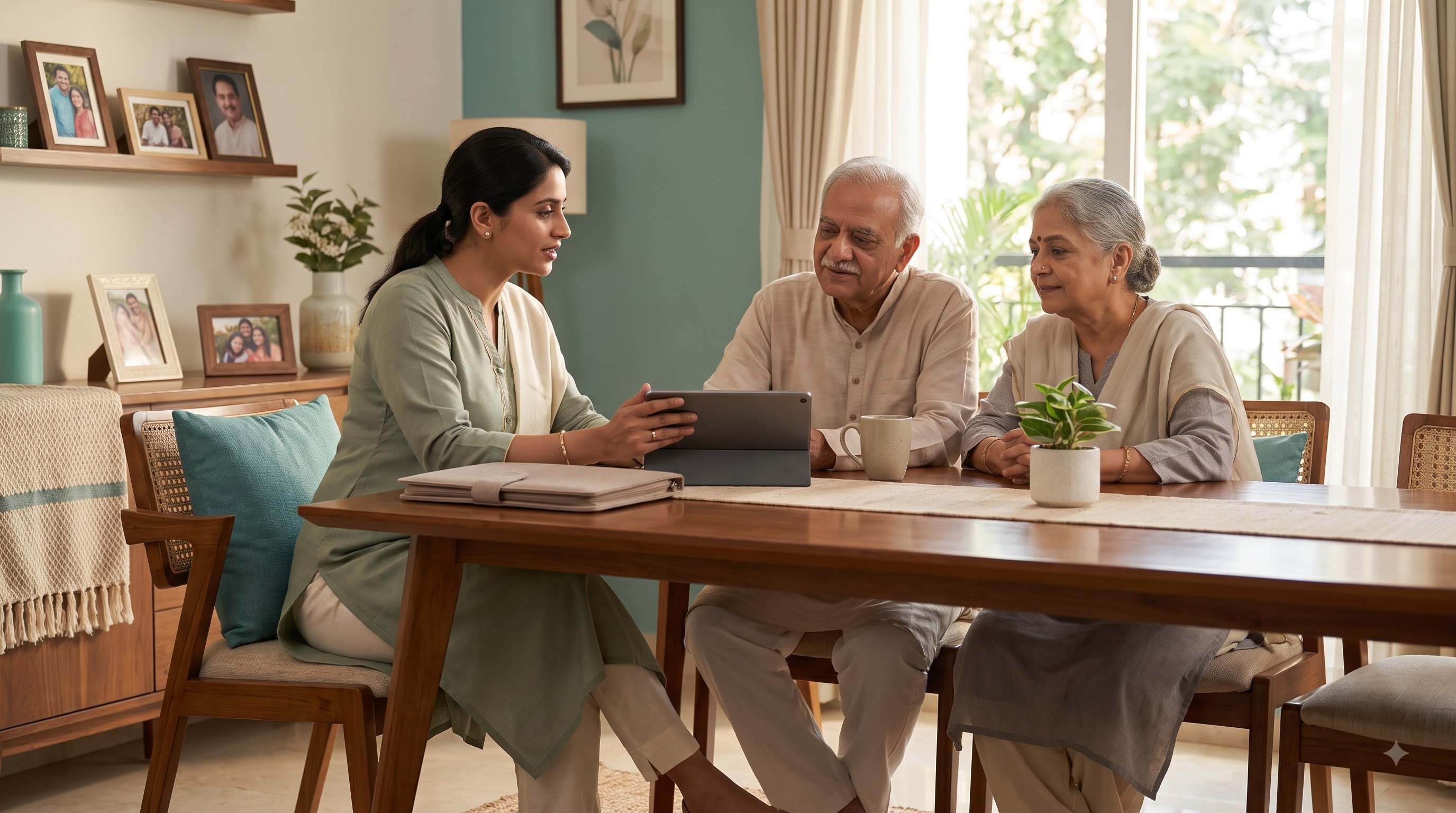 A Care Coordinator reviewing a care plan with a family as their loved one's needs change
