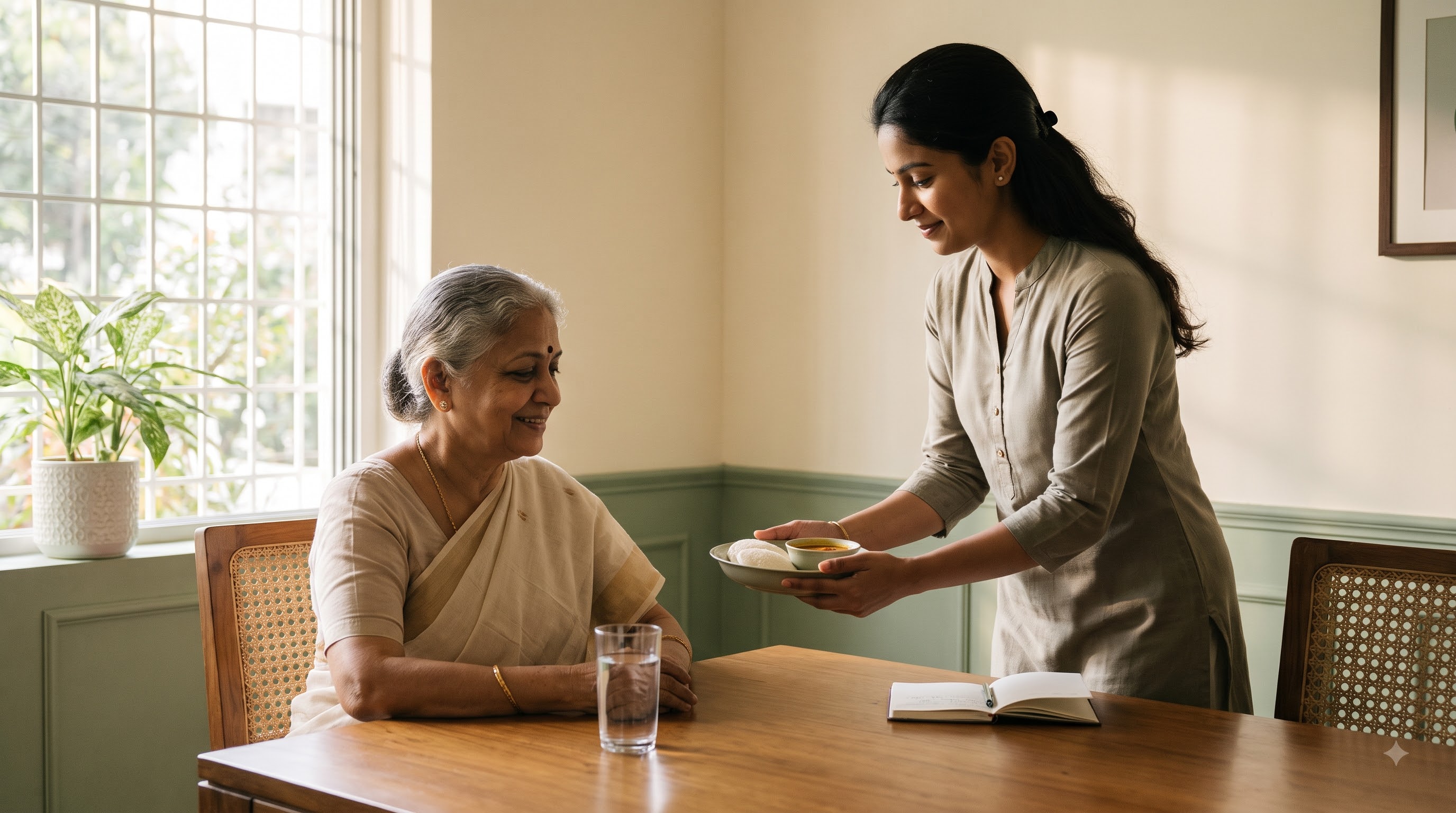 A caregiver assisting an elderly woman with her daily routine at home