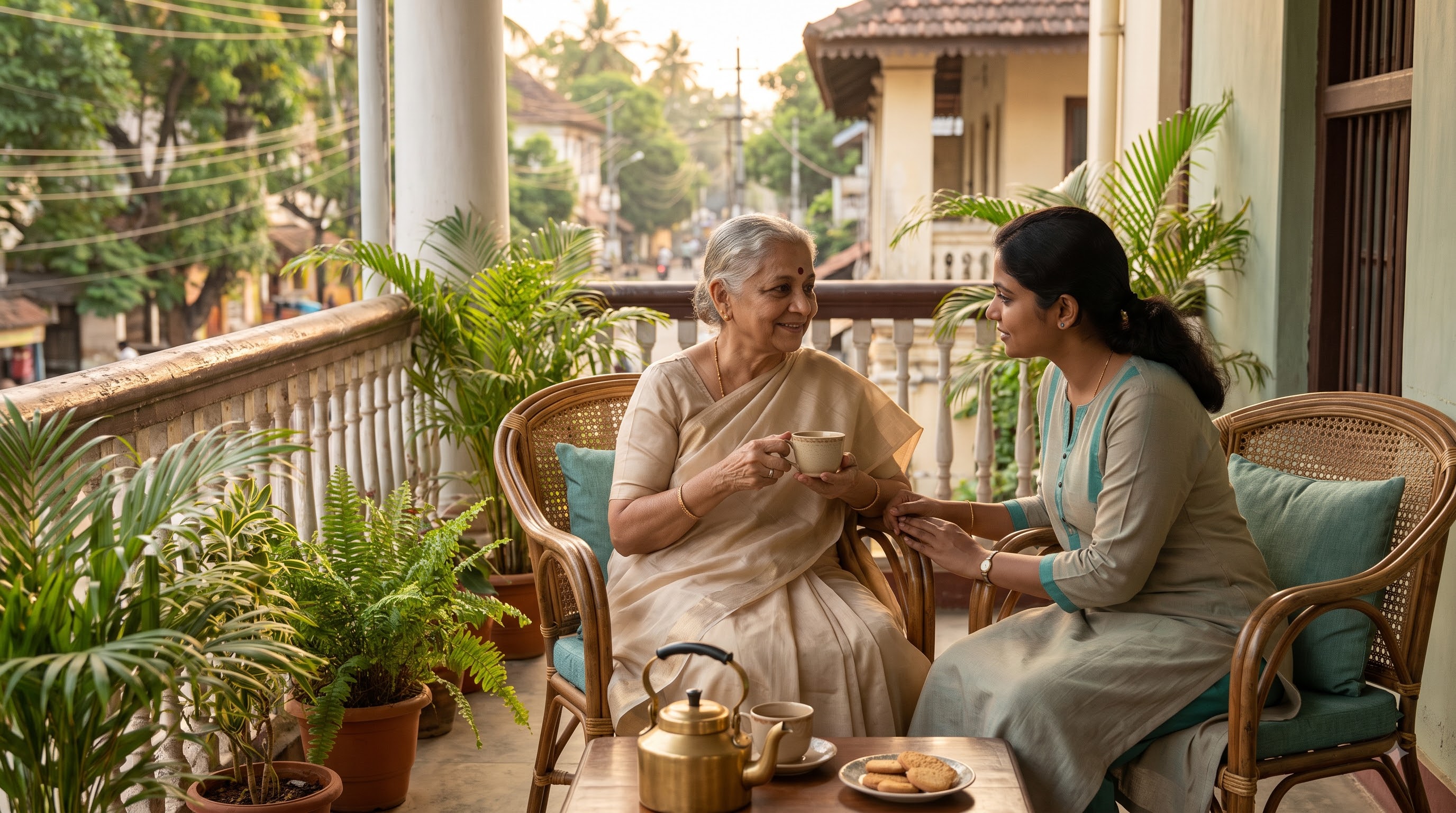 A caregiver sharing a warm conversation with an elderly woman at home