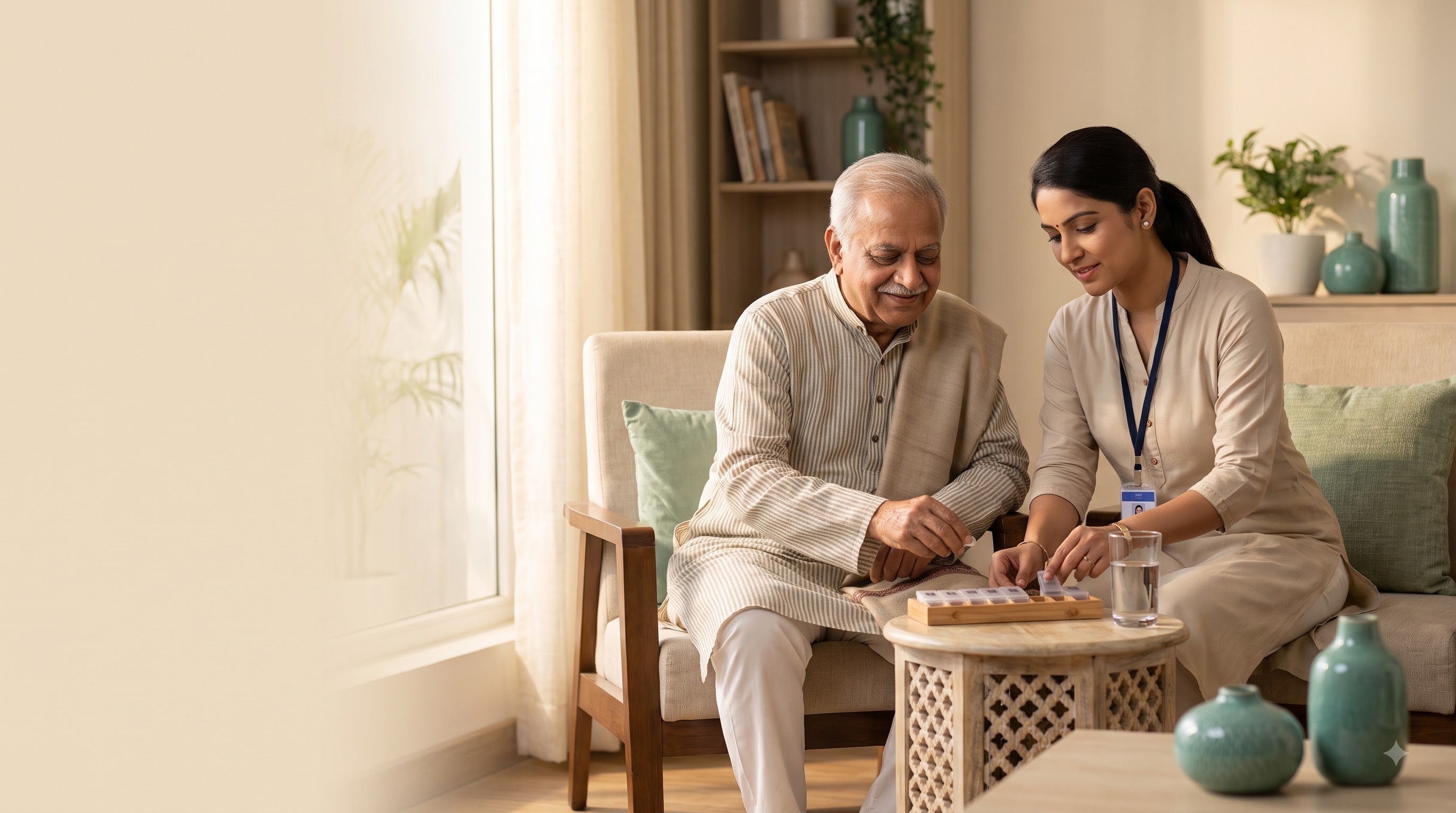 A TLC Care caregiver helping an elderly man organise his daily medication at home