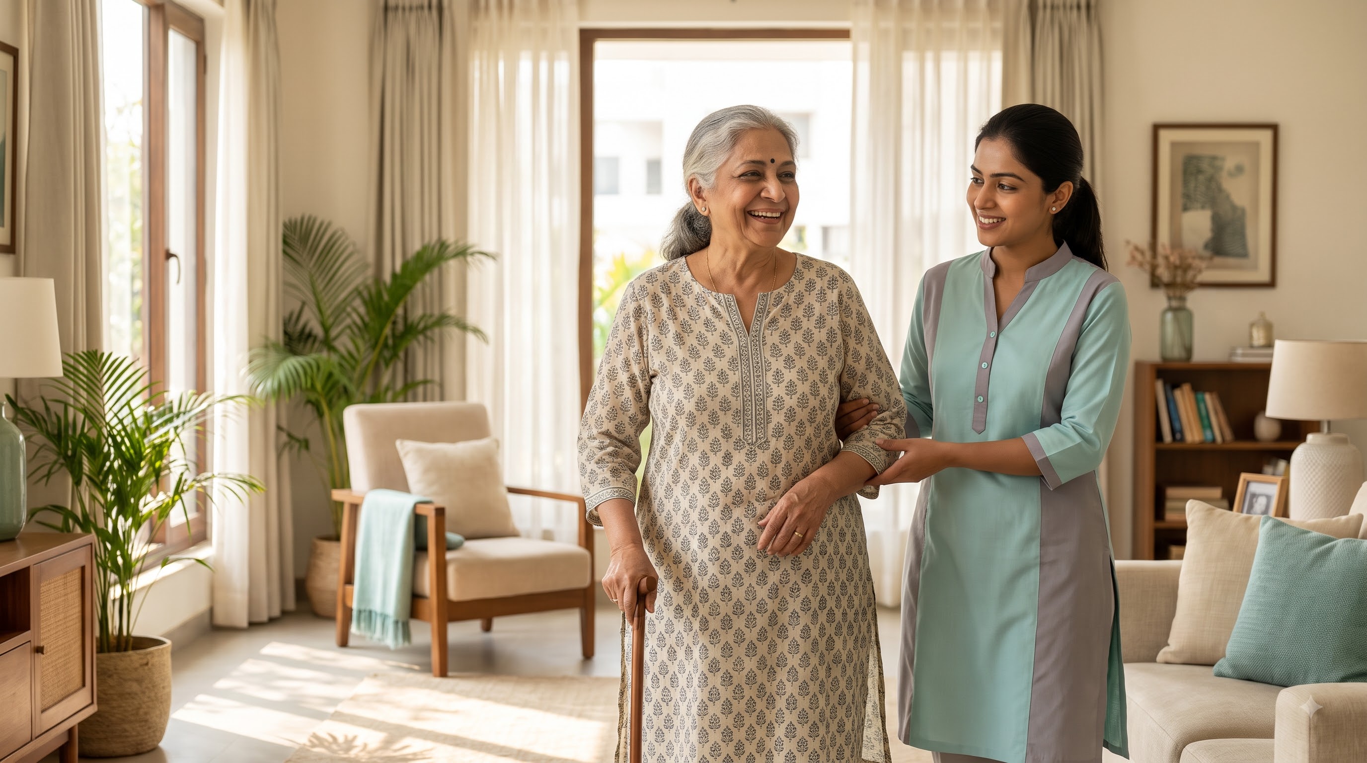 A caregiver supporting an elderly person walking safely at home