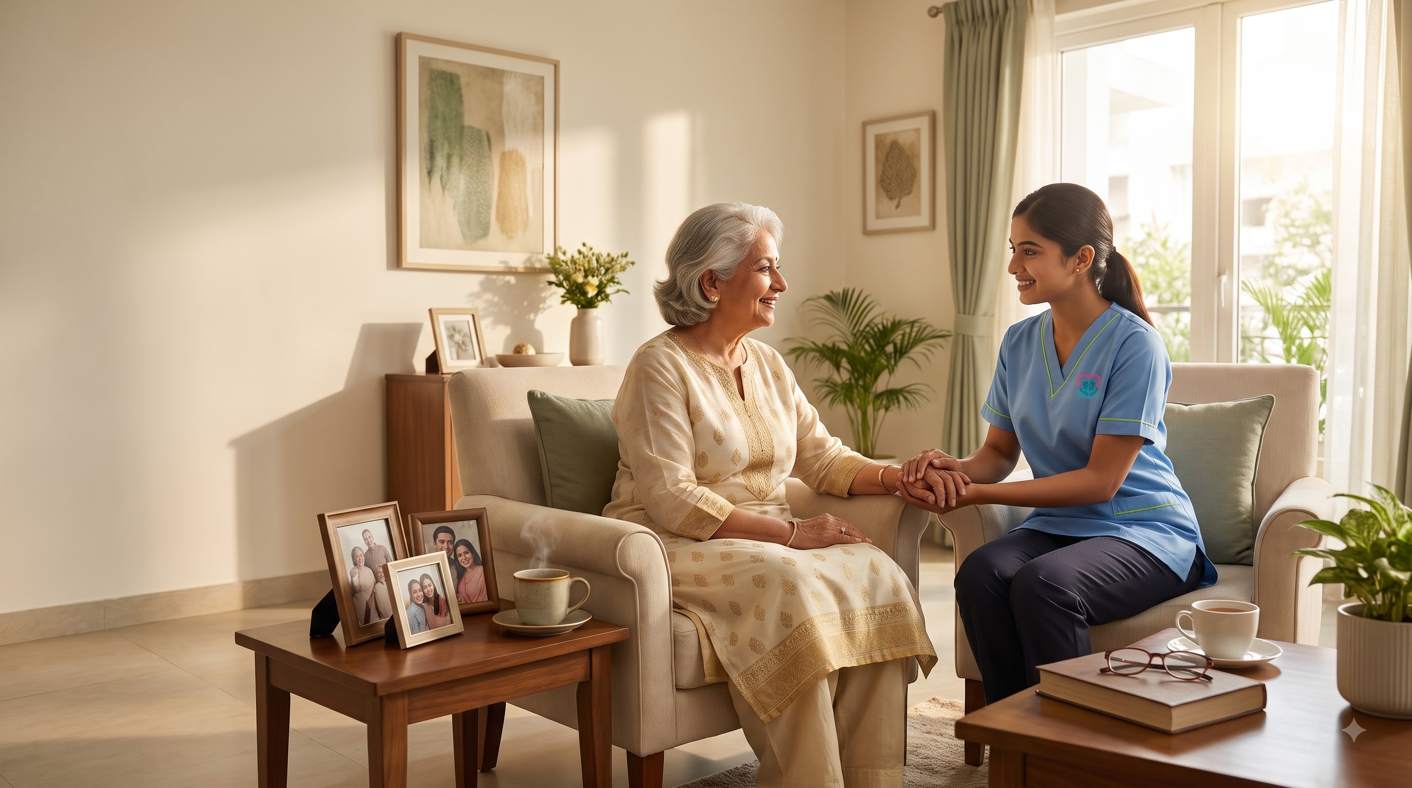 A TLC caregiver in blue scrubs sitting with a smiling elderly woman in a sunlit living room, holding hands beside a warm cup of tea and family photographs