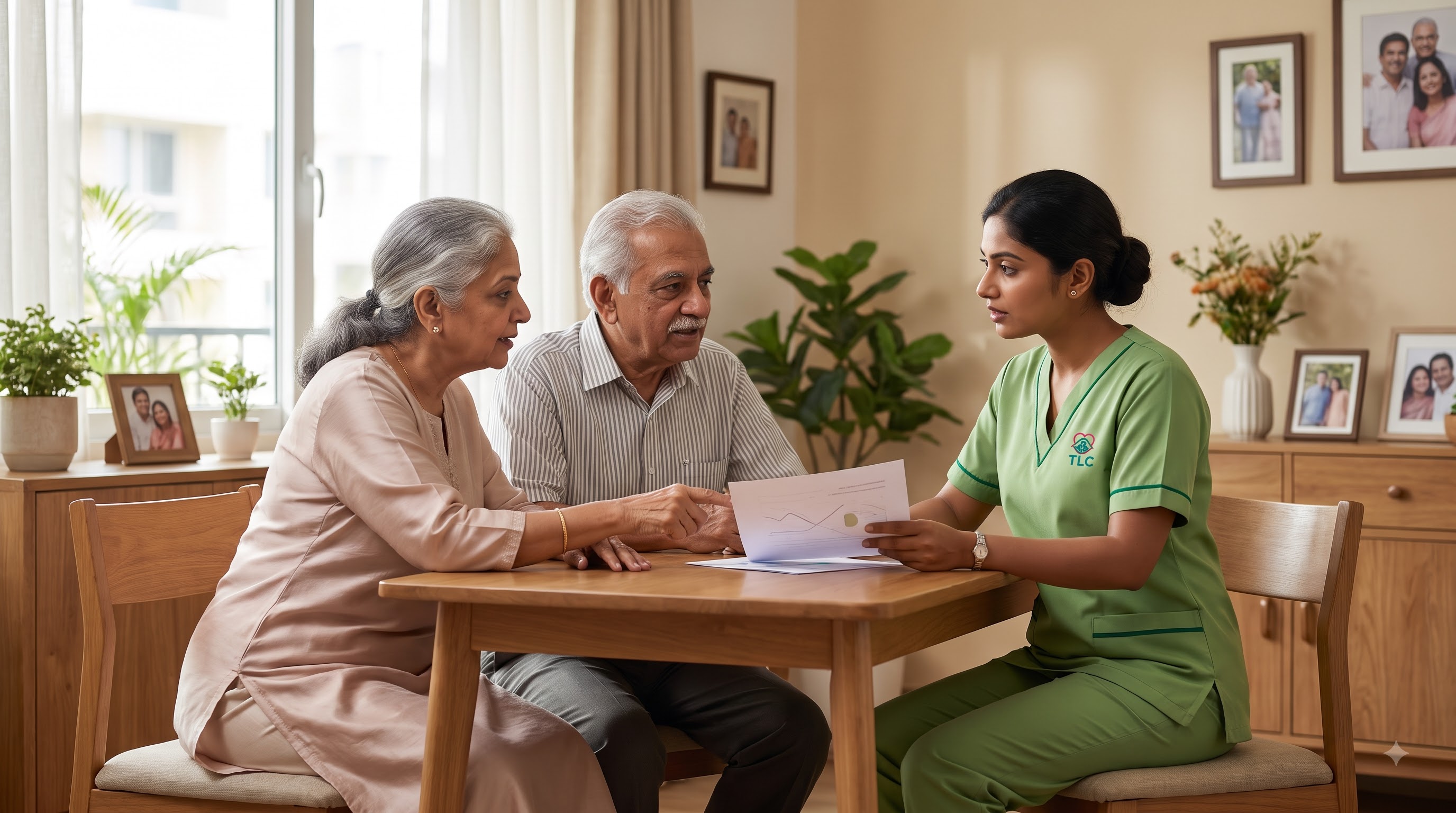 An elderly couple sit at their dining table reviewing a personalised care plan document with their TLC care coordinator in a green uniform