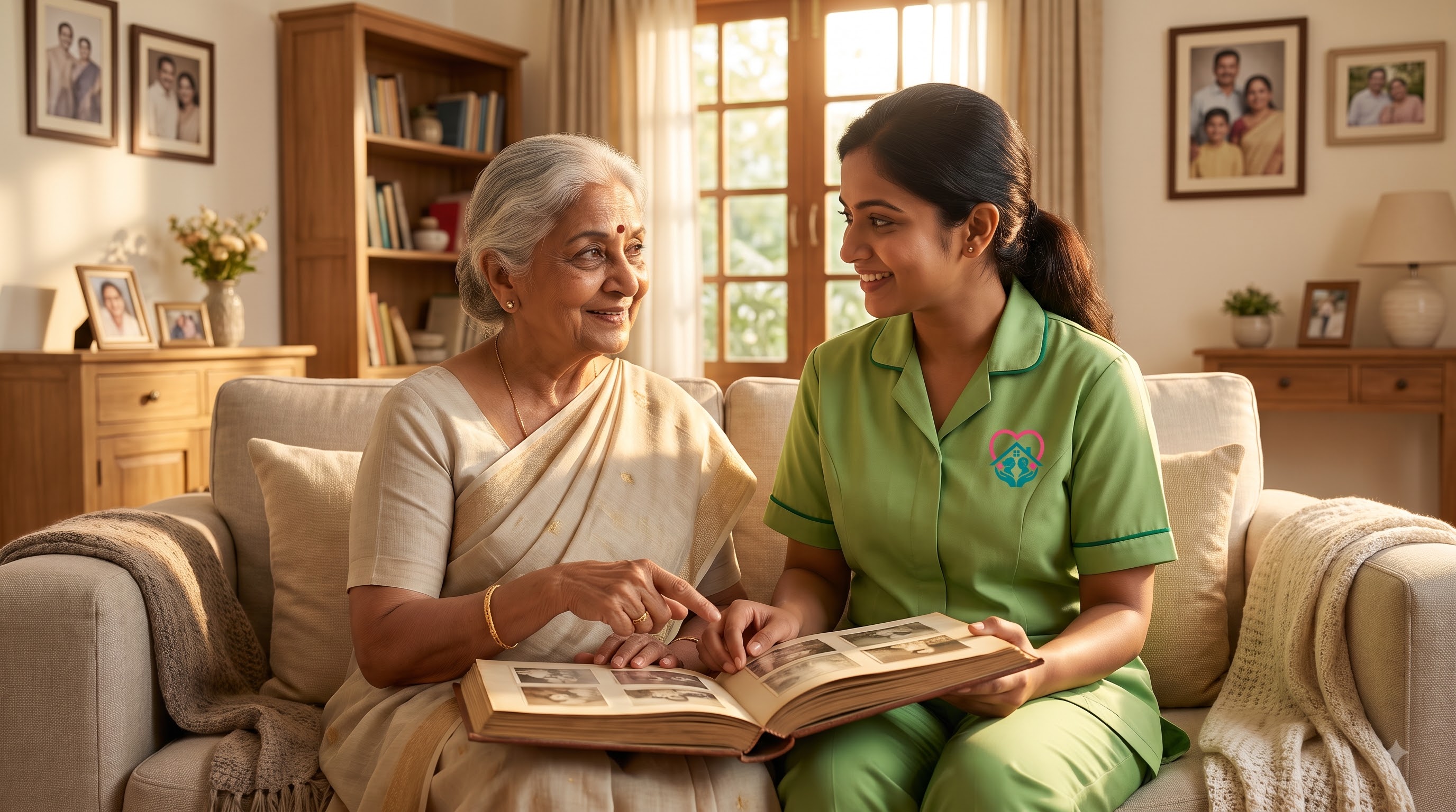 A TLC caregiver and an elderly woman smiling together as they look through an old family photo album on the sofa