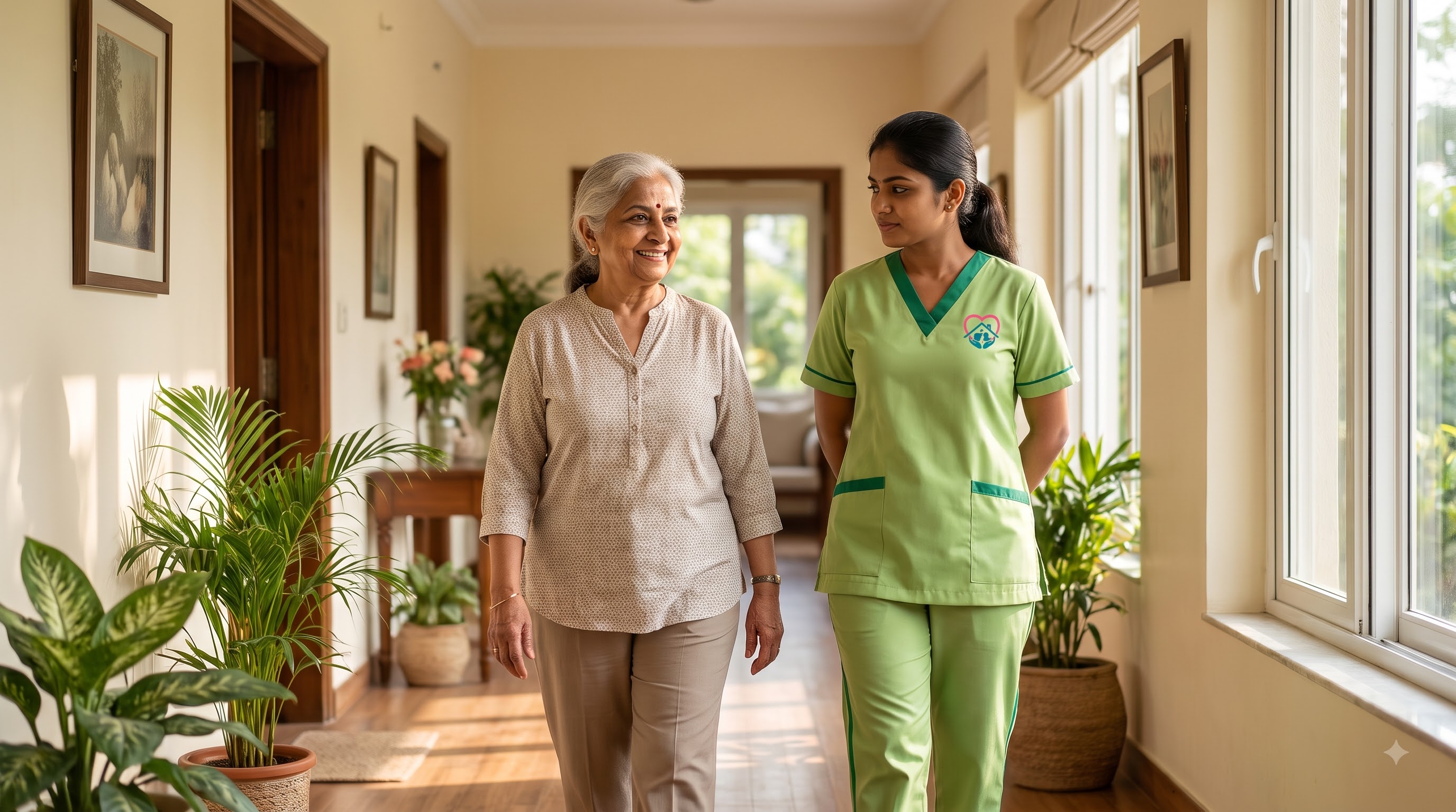 An elderly woman walking confidently down a sunlit hallway alongside her TLC caregiver, who stays close by for support
