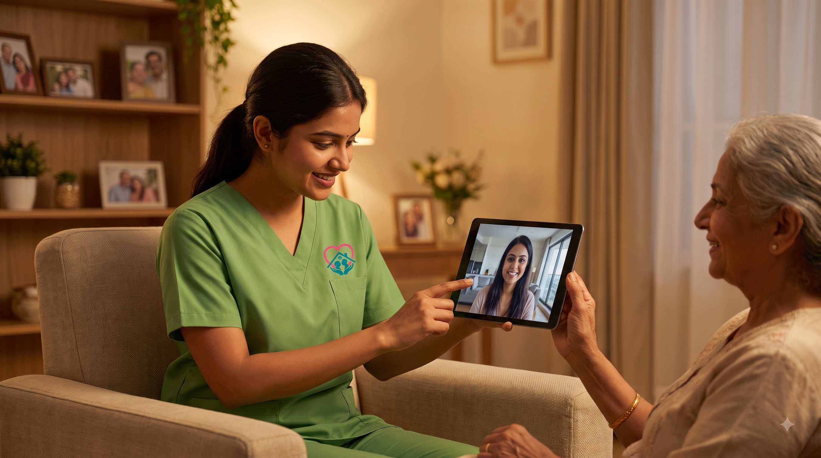 An elderly woman smiling as her TLC caregiver helps her video call a family member on a tablet