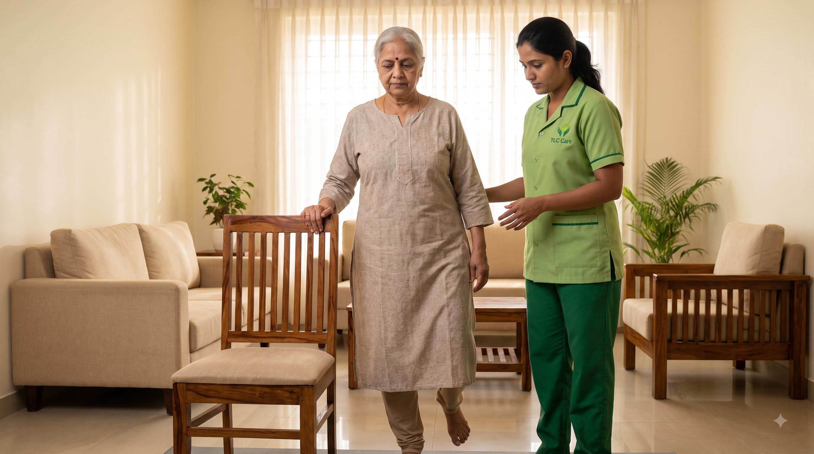 An elderly woman practising a balance exercise with support from a caregiver