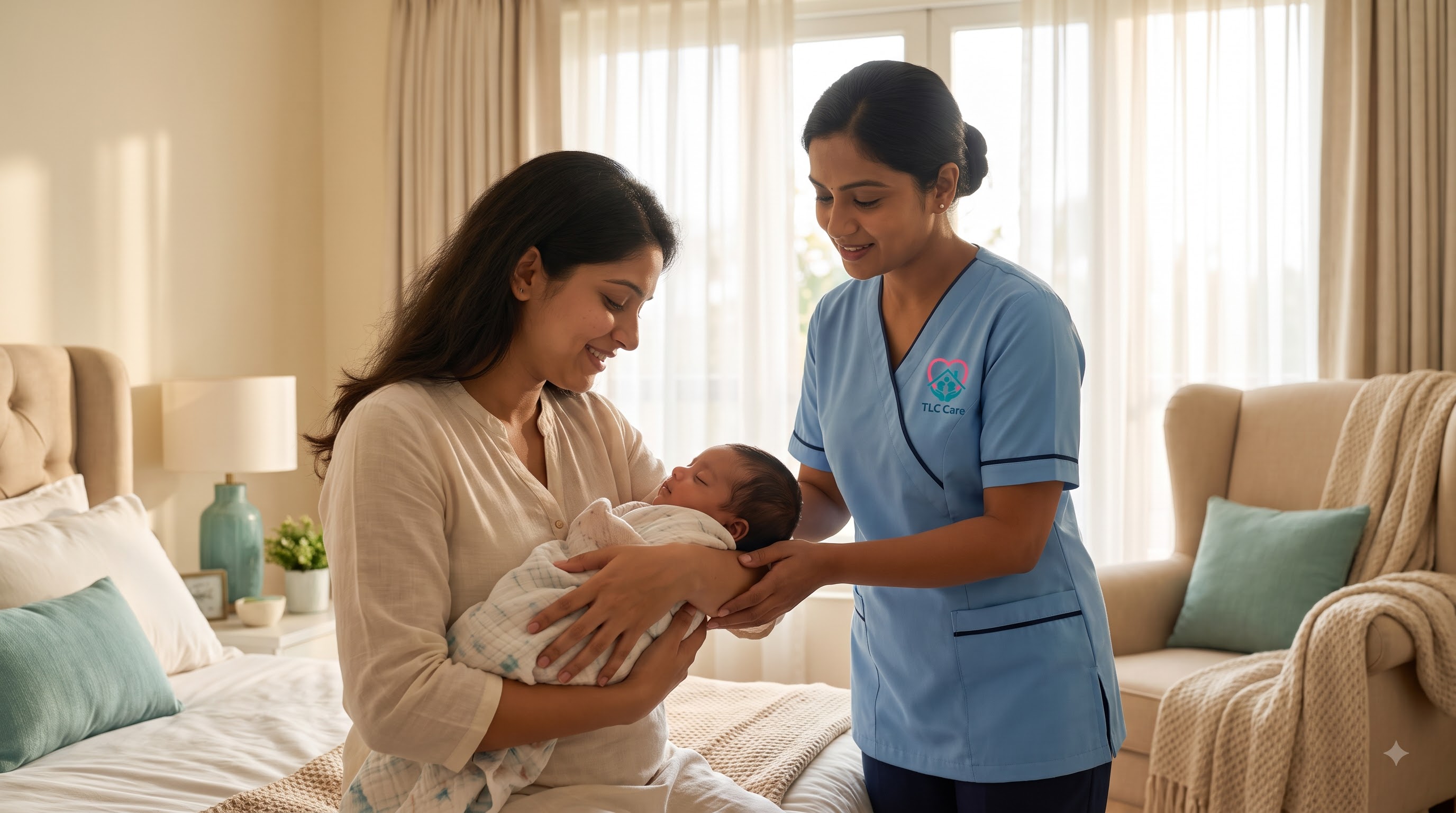A TLC caregiver in blue scrubs gently supporting a mother as she holds her swaddled newborn in a sunlit bedroom