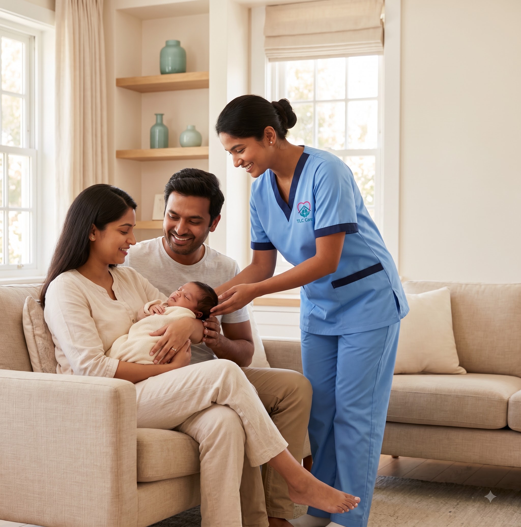 A mother resting peacefully with her newborn while her TLC caregiver looks after everyday tasks nearby