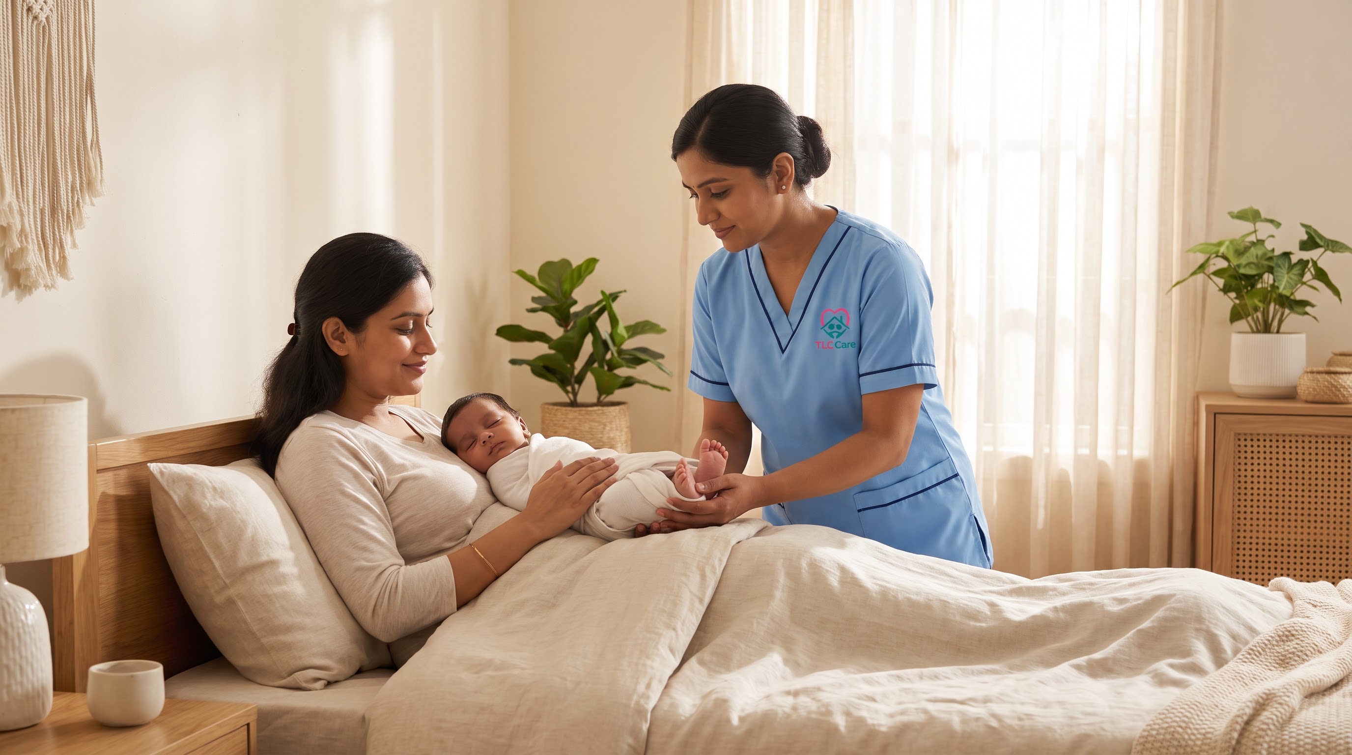 A TLC caregiver caring for a newborn beside the resting mother at home