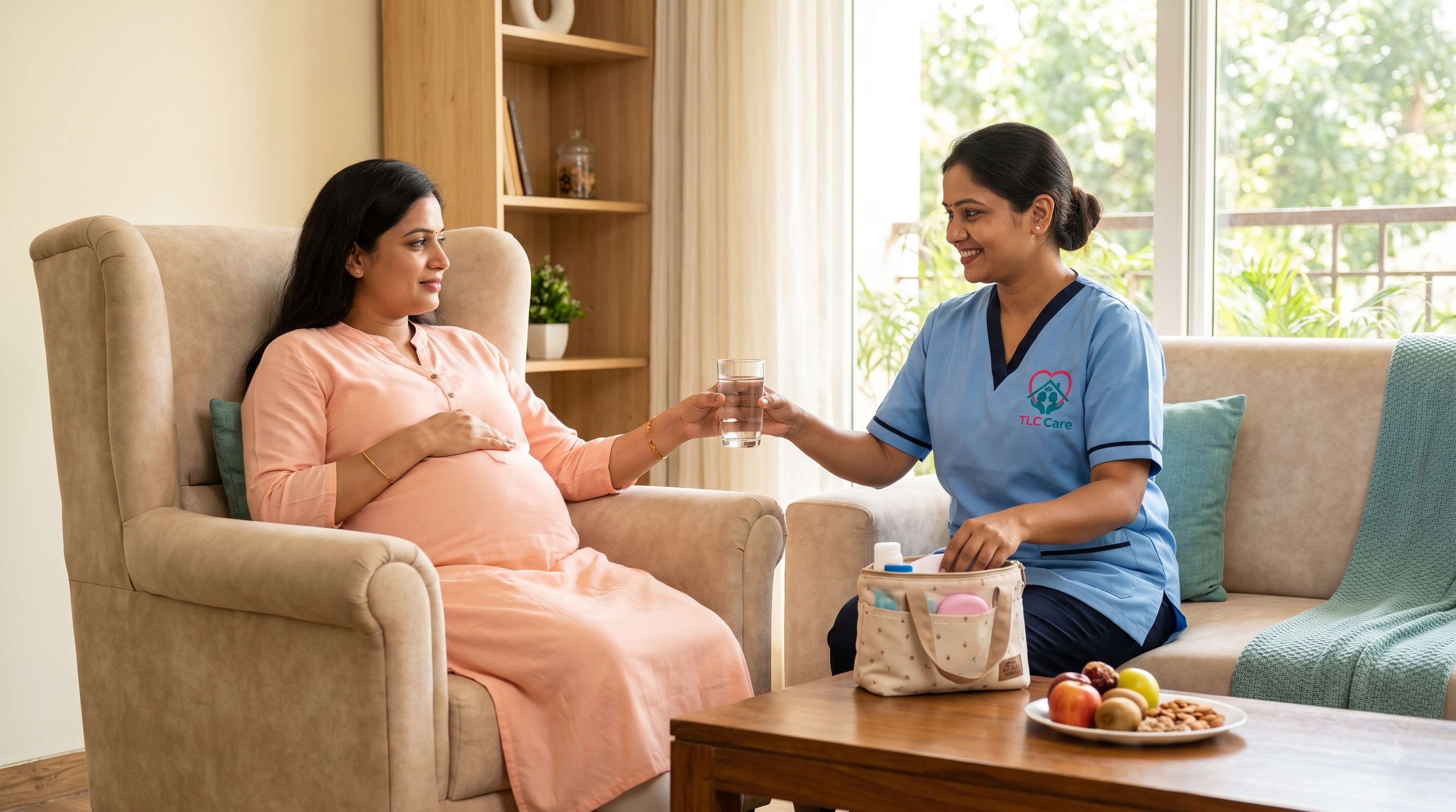 A TLC caregiver handing a glass of water to a pregnant mother resting in an armchair, with a bag of essentials and fresh fruit nearby