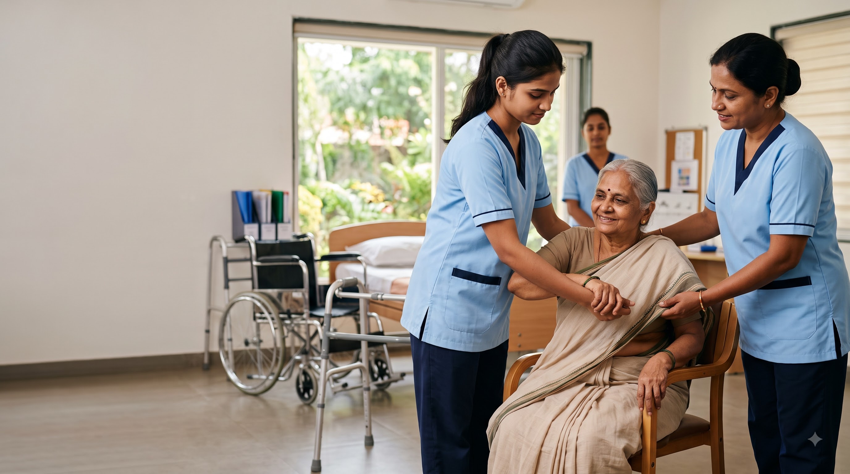 A TLC Care trainer guiding a caregiver through a supported mobility and transfer technique with an elderly patient