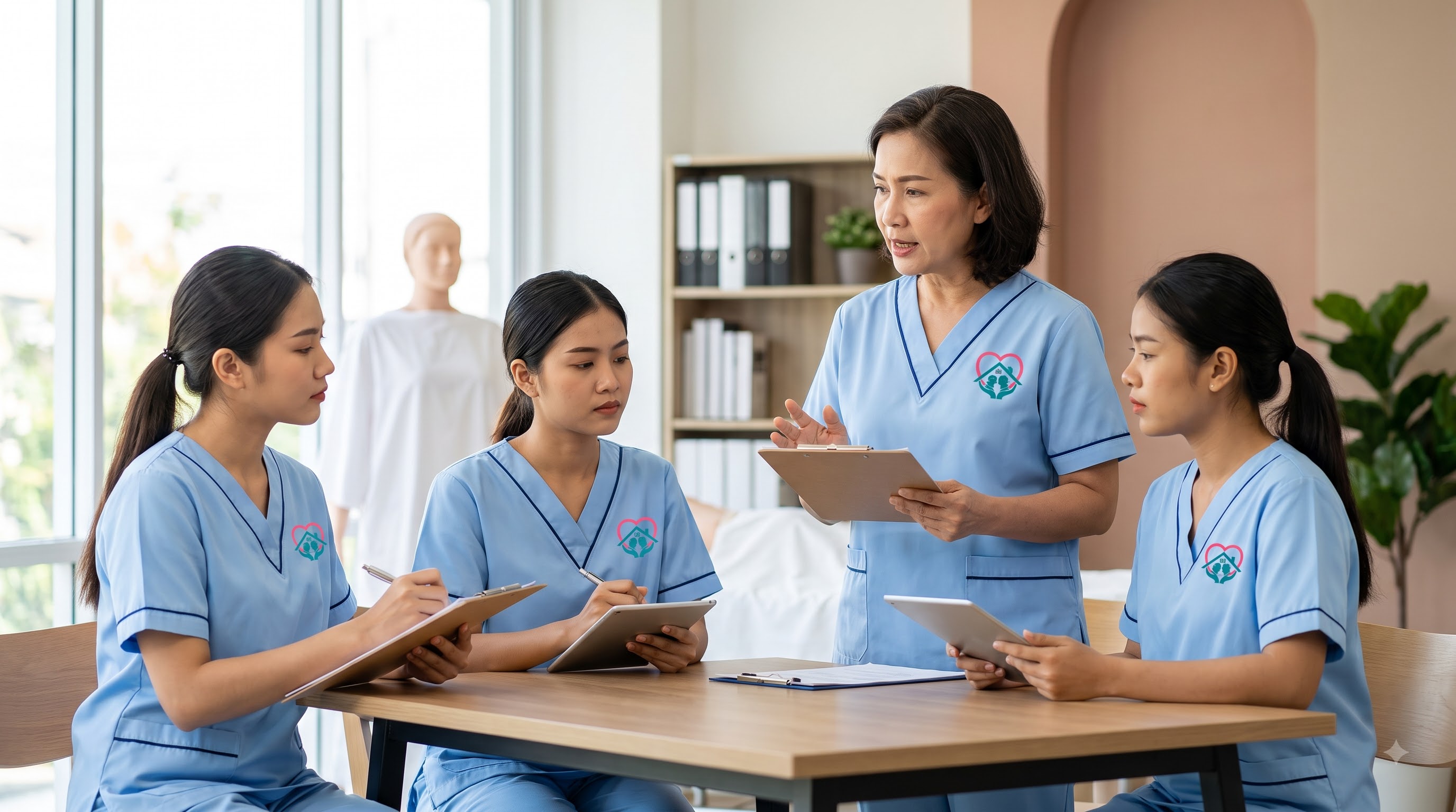 TLC Care caregivers taking notes on tablets and clipboards during a professional training session with their instructor