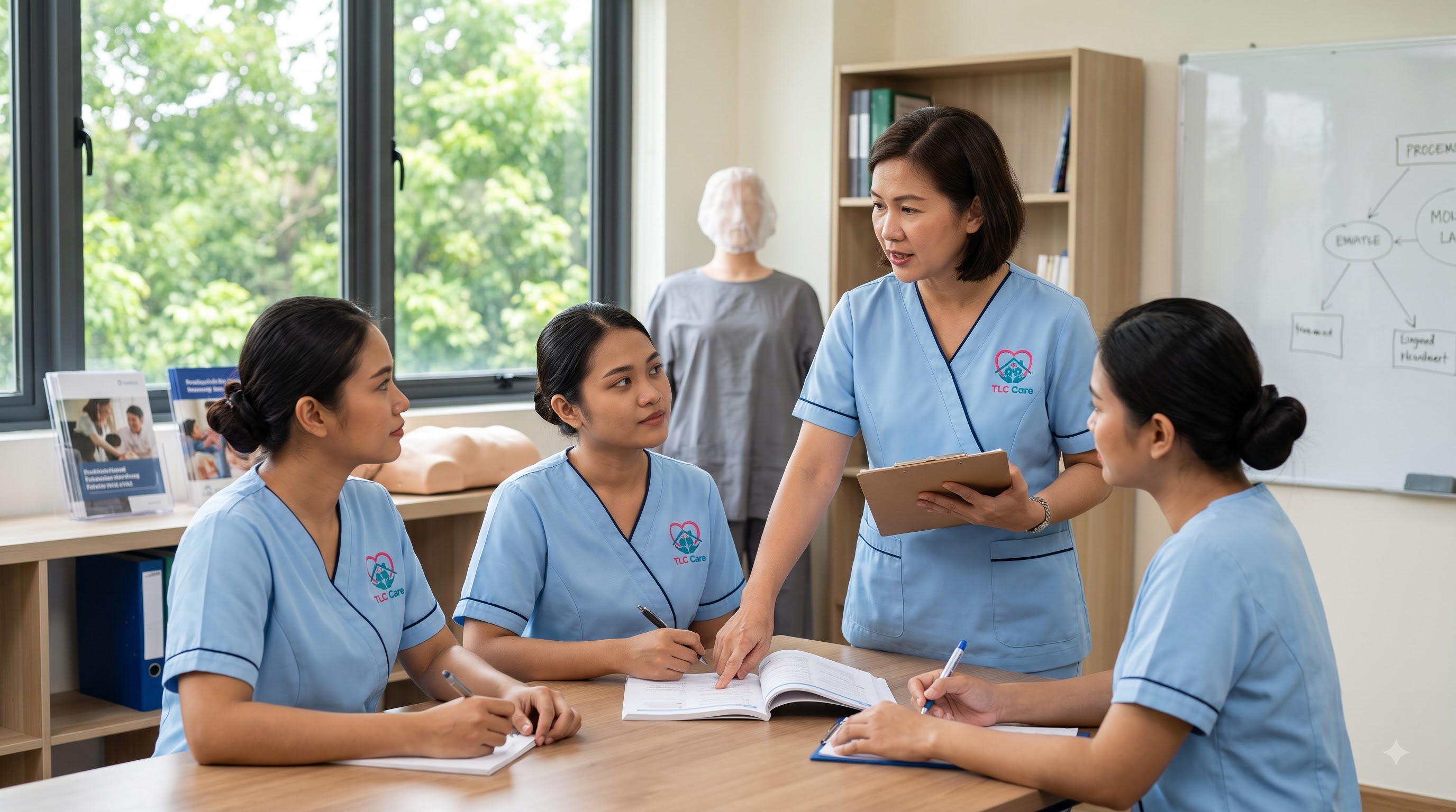 A TLC Care trainer briefs a small group of caregivers around a table, using a practice mannequin and a whiteboard procedure diagram