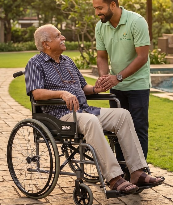 A TLC caregiver holding hands with a smiling elderly man in his wheelchair