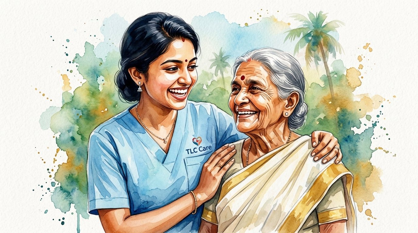 Watercolour illustration of a smiling TLC caregiver with her arm around a laughing elderly woman in a saree, palm trees behind them