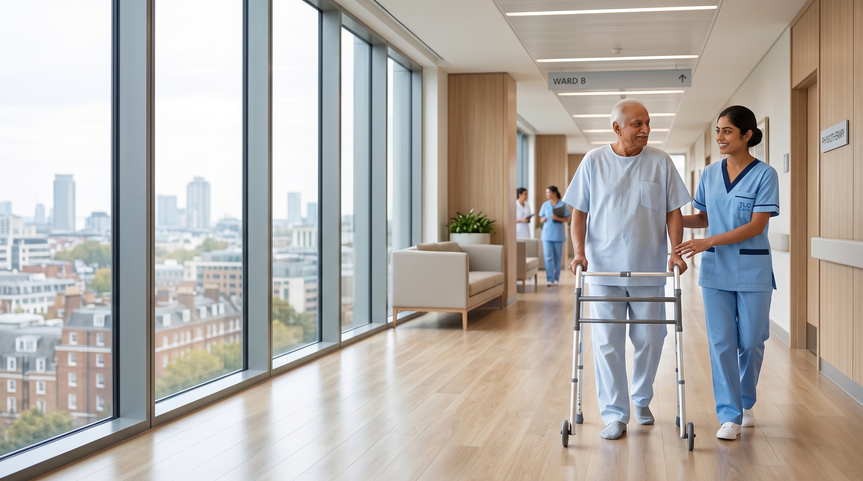 A TLC caregiver assisting a hospital patient walking with a mobility frame down a bright hospital corridor