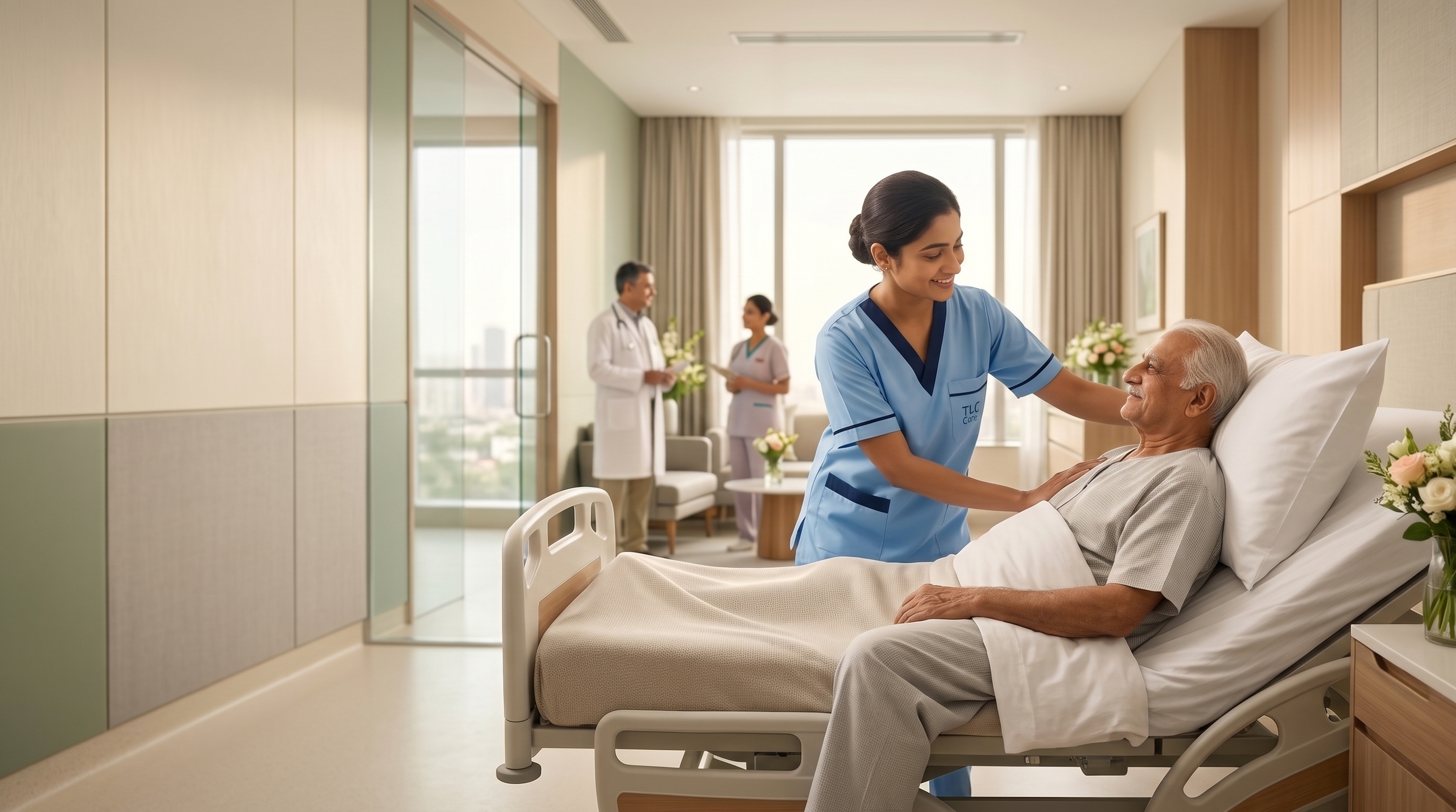 A TLC caregiver attending to a patient's bedside while a doctor and nurse confer nearby in the hospital room