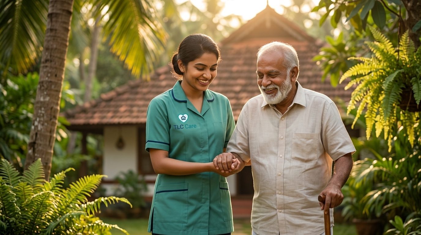 A TLC caregiver in a green uniform walking through a garden with a smiling elderly man using a cane