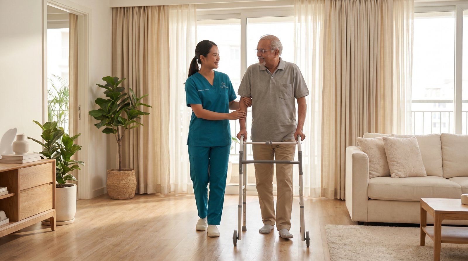 A TLC caregiver in teal scrubs supporting a smiling elderly man as he walks using a wheeled walker across a sunlit living room